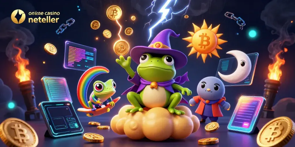 Engage with an exciting online casino Neteller scene featuring animated characters and glowing coins.