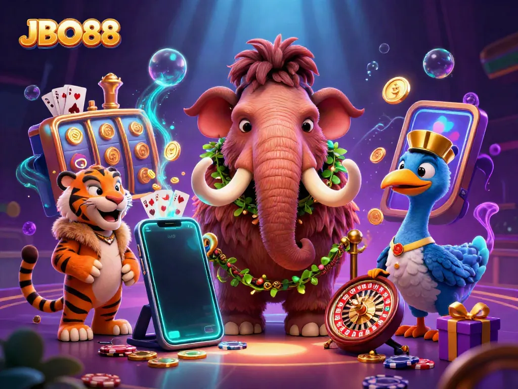 Engage in thrilling gameplay at JBO88, featuring a 3D woolly mammoth bouncer checking IDs surrounded by casino elements.