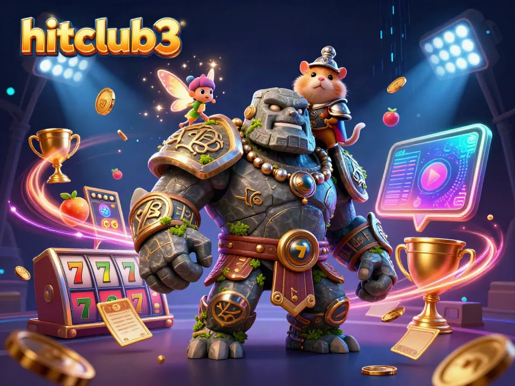 Experience the excitement of hitclub3 with a dynamic scene featuring a golem, fairy, and hamster knight amidst vibrant slots and gaming elements.