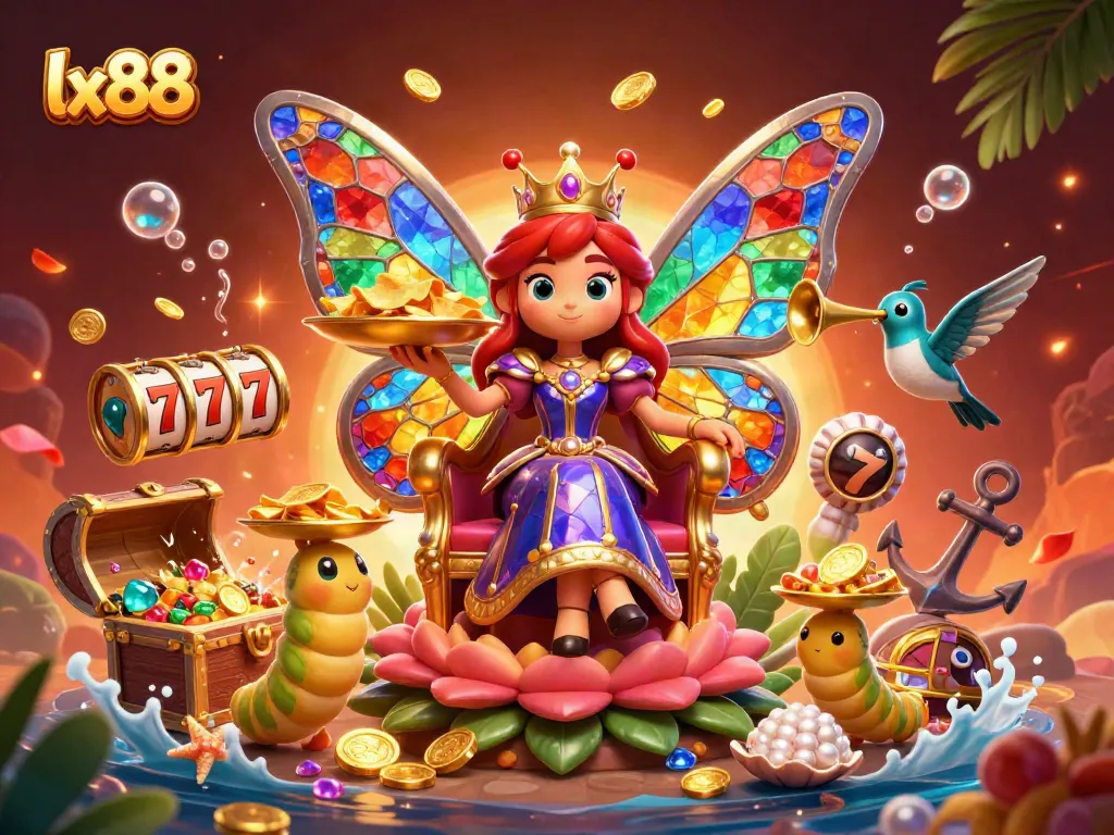 Experience dynamic slot action with lx88 in a vibrant 3D casino scene filled with treasures and characters.
