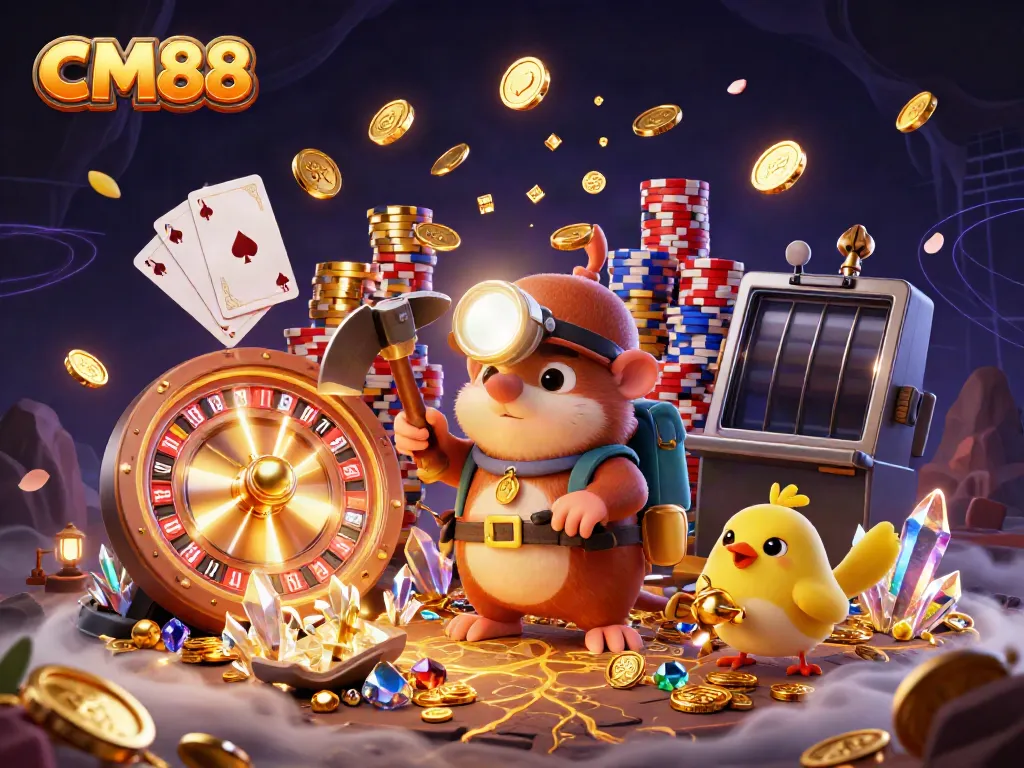 Spin and win with CM88 in this vibrant casino-themed illustration filled with treasures