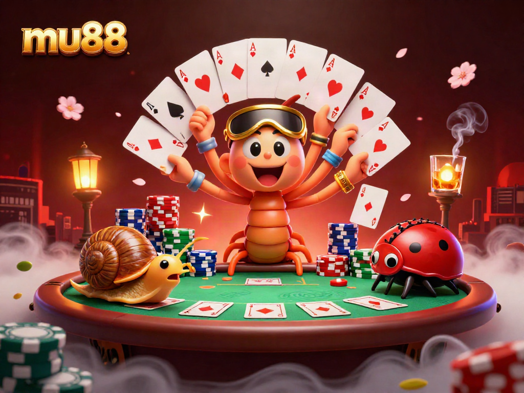 Experience thrilling poker action at mu88 with a vibrant scene of a millipede dealer and high-stakes gameplay.