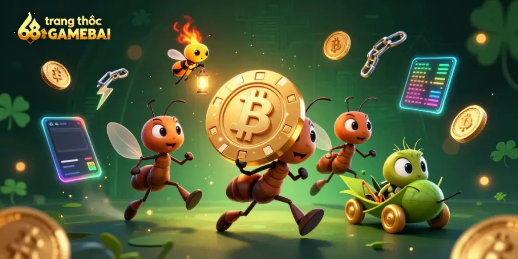 Engaging scene of ants carrying a golden poker chip, representing trang chủ 68GAMEBAI's exciting gaming experience.