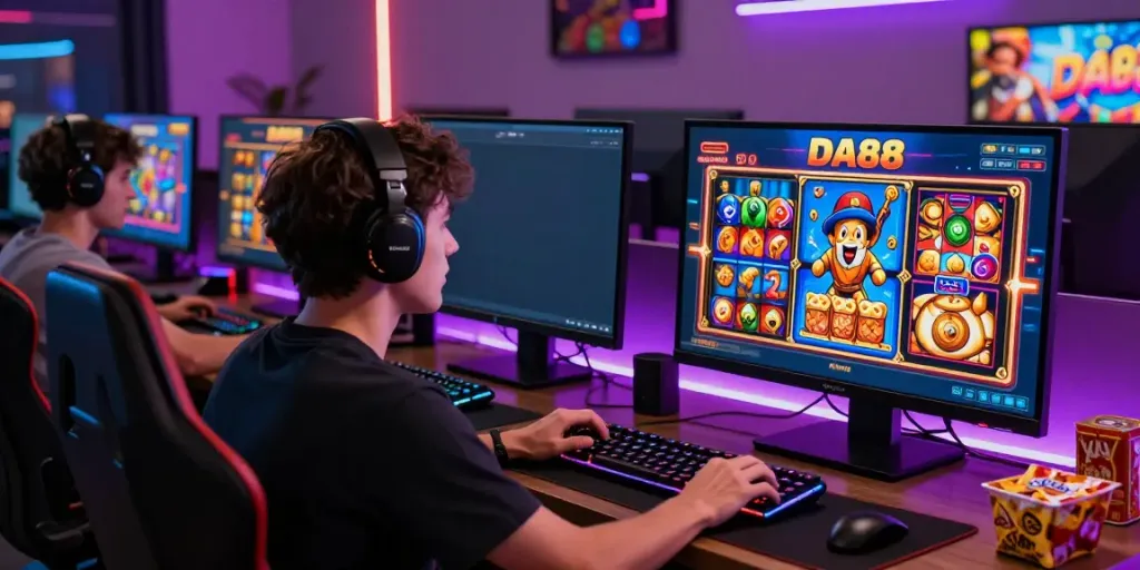 Player enjoying immersive DA88 online slot games in a vibrant gaming setup.