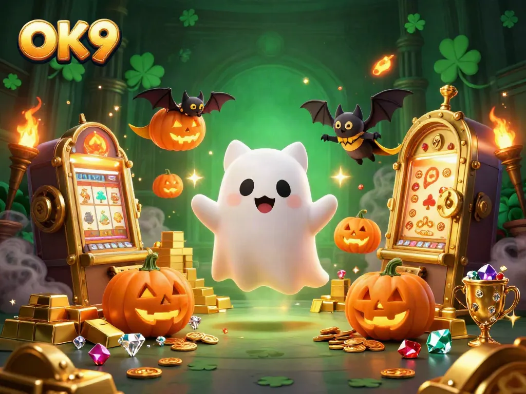 OK9 casino featuring a friendly ghost cat and vampire bat, rich in treasures and gaming elements.