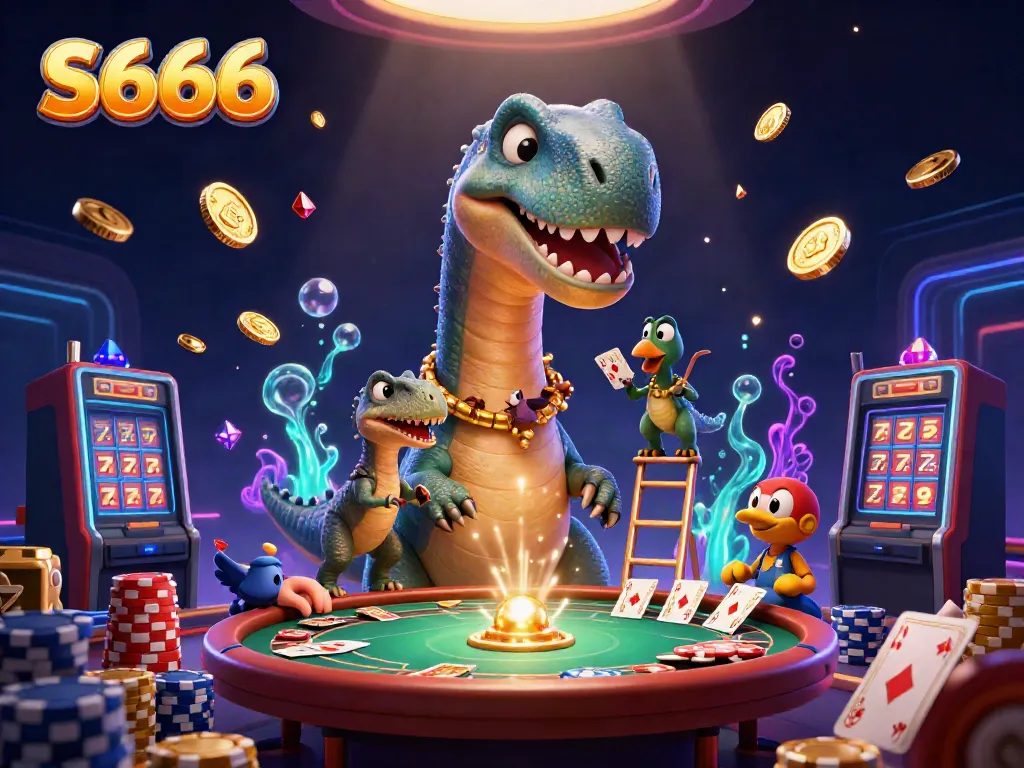 Engaging S666-themed casino illustration featuring a brontosaurus, dealer raptor, and vibrant gaming elements.
