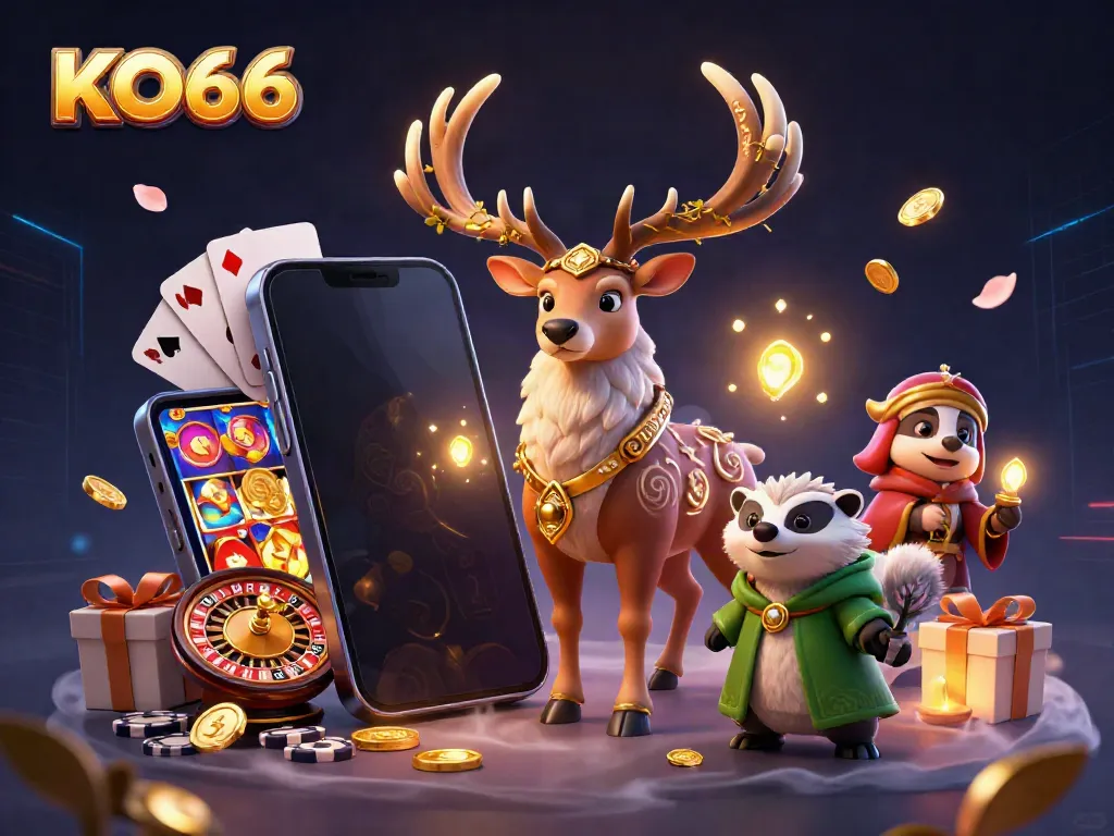 Engage with KO66's vibrant casino scene featuring animated characters and exciting gaming elements.