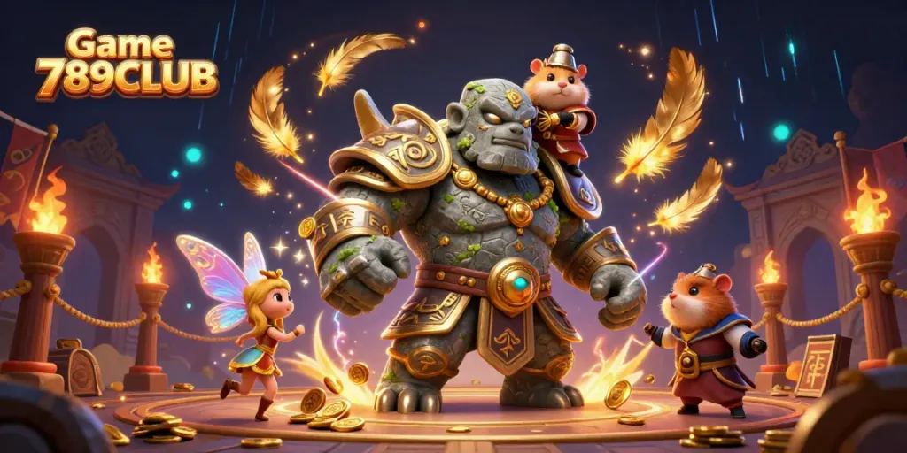 Engage in the dynamic action of Game 789CLUB with an ancient stone golem guardian, a fairy, and a hamster knight.
