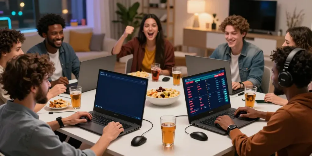 Friends enjoying live betting on ku88 with screens showing game stats.