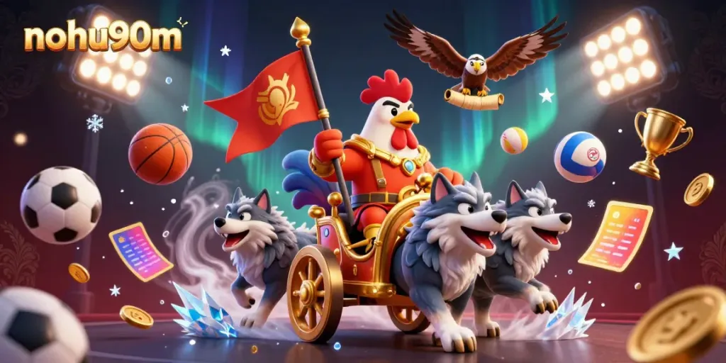 Place bets and win big with nohu90m, showcasing a lively casino-themed illustration.