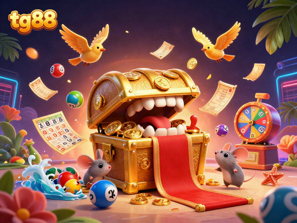 Engage with tg88's thrilling treasure chest mimic drawing adventurer mice in a vibrant casino-themed scene.