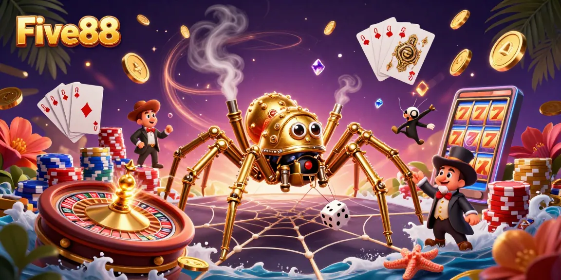 Experience the thrill with Five88's dynamic 3D steampunk casino scene featuring captivating game elements.