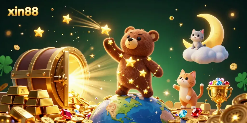 Engage with xin88's thrilling online casino experience, where the constellation bear scoops coins from earth amid sparkling treasures.