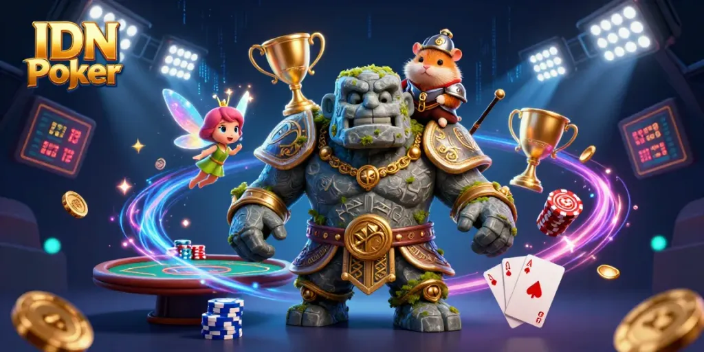 IDN Poker showcases thrilling poker gameplay with animated characters and vibrant casino elements.
