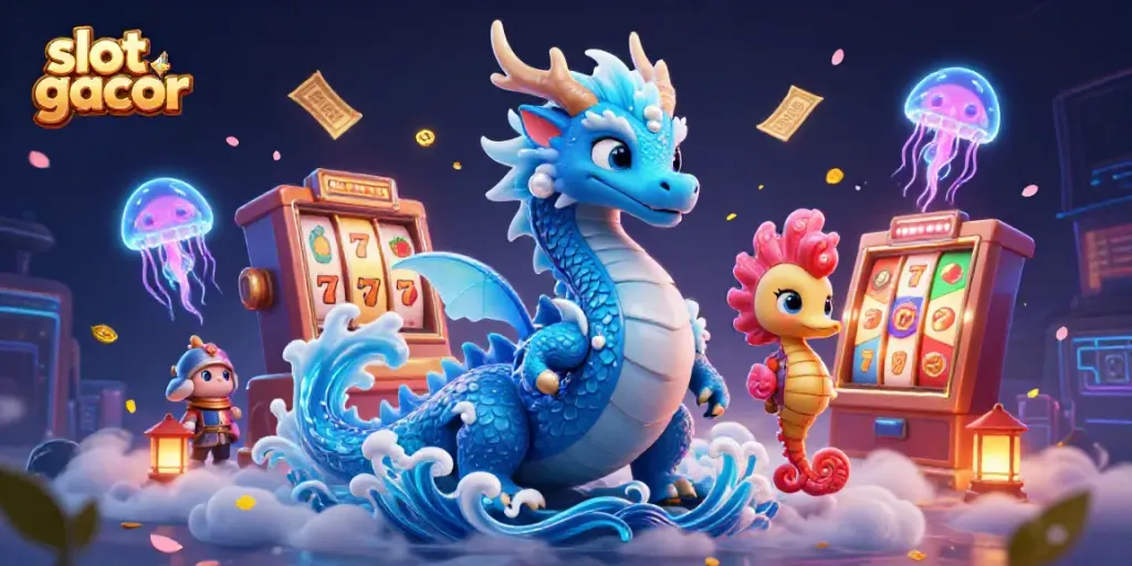 Experience excitement with slot gacor amidst vibrant slot machines and colorful casino elements.
