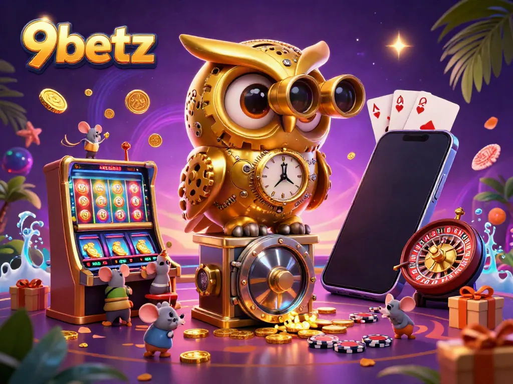 Experience the thrill of gaming at 9betz with a whimsical owl scanning a vibrant casino floor, surrounded by action.