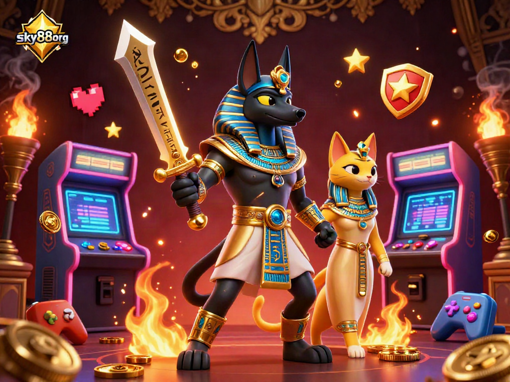 Engage in thrilling encounters with sky88org's vibrant Egyptian-themed 3D casino illustration.