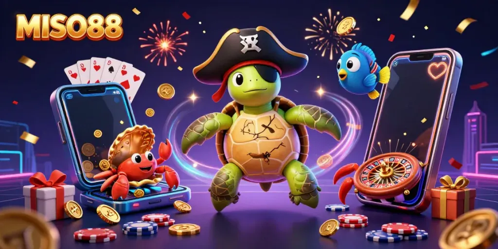 Experience exciting gameplay with MISO88's vibrant casino scene featuring a pirate turtle and treasure.
