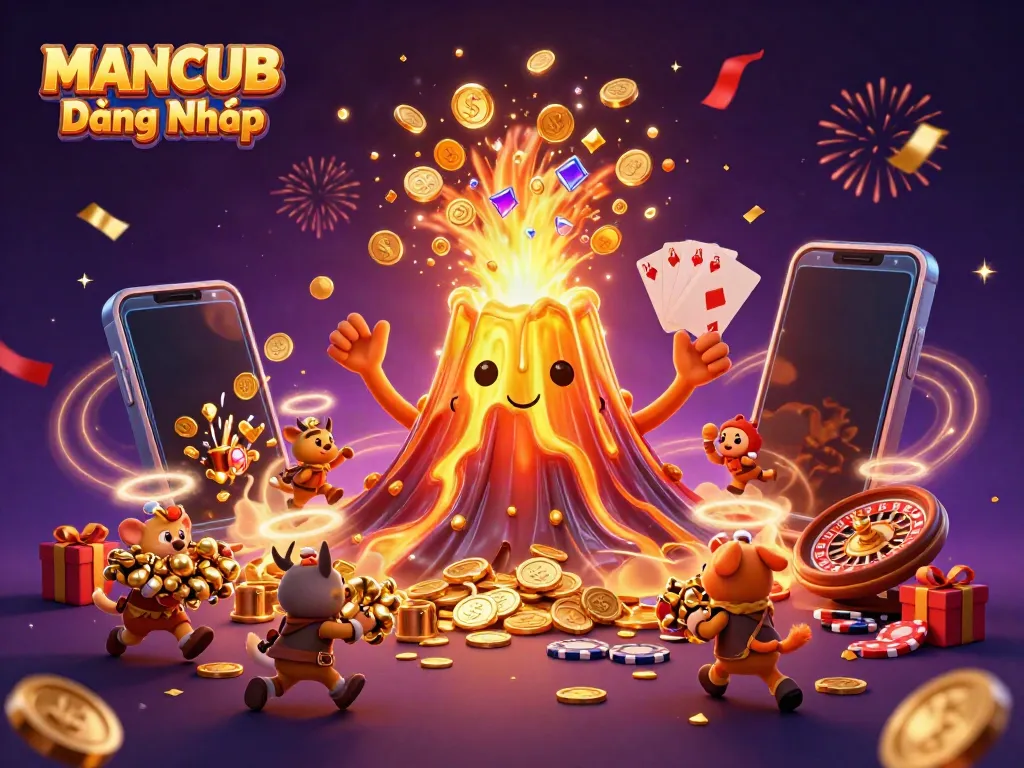 MANCUB Đăng Nhập celebrates with a triumphant volcano erupting coins and gems, igniting excitement.