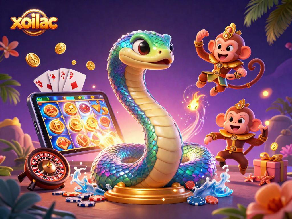Xoilac offers thrilling gaming experiences featuring a vibrant snake and monkey king in a captivating casino scene.