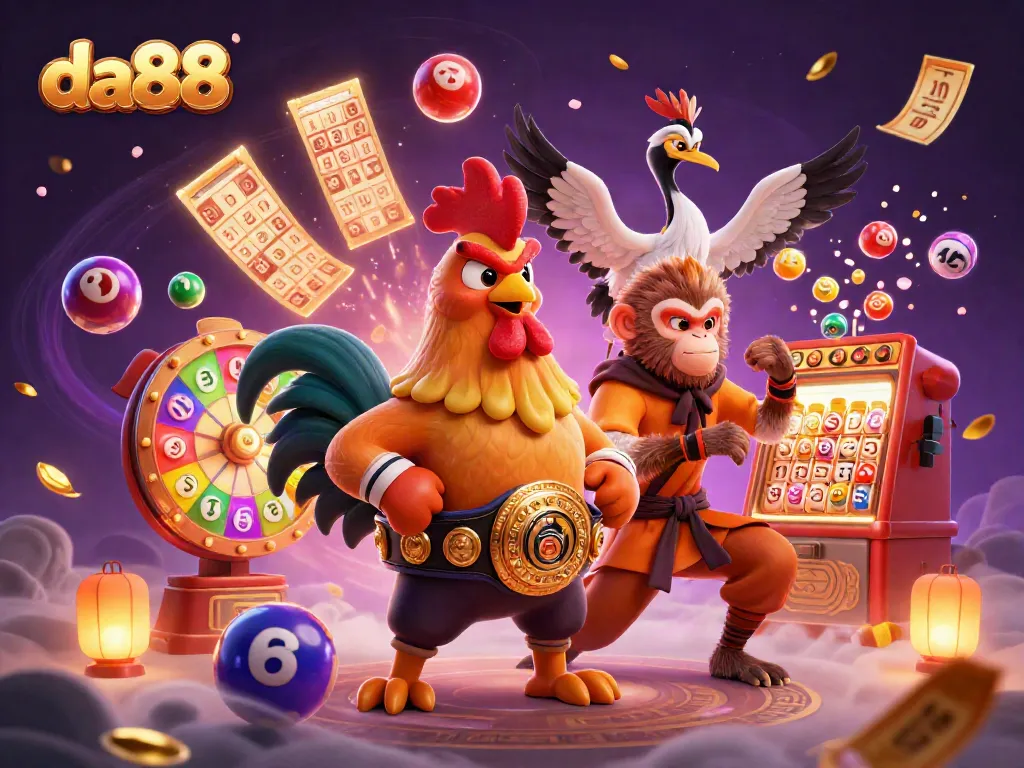 Engage with da88, exploring lottery excitement amid colorful characters and vibrant gambling elements.