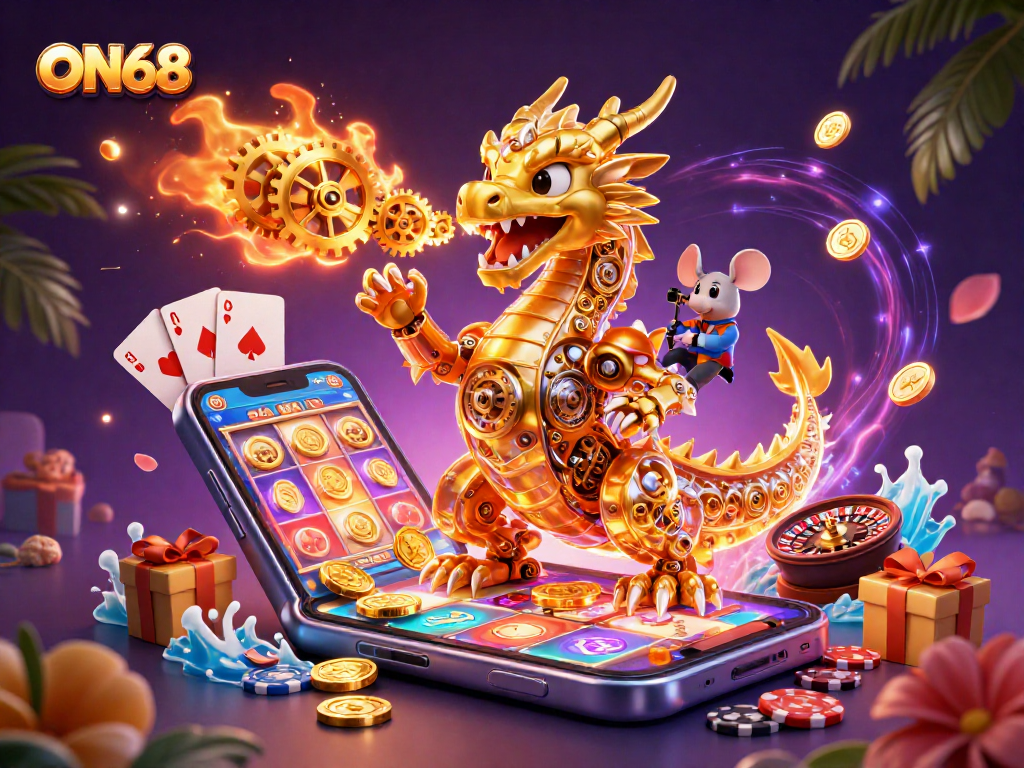 Engage with ON68's thrilling experience showcasing a golden dragon and vibrant gaming elements.