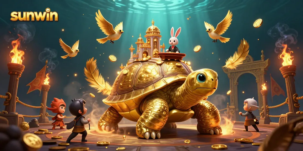 Experience thrilling gaming at sunwin with a vibrant scene of gaming elements, featuring a lively tortoise casino.