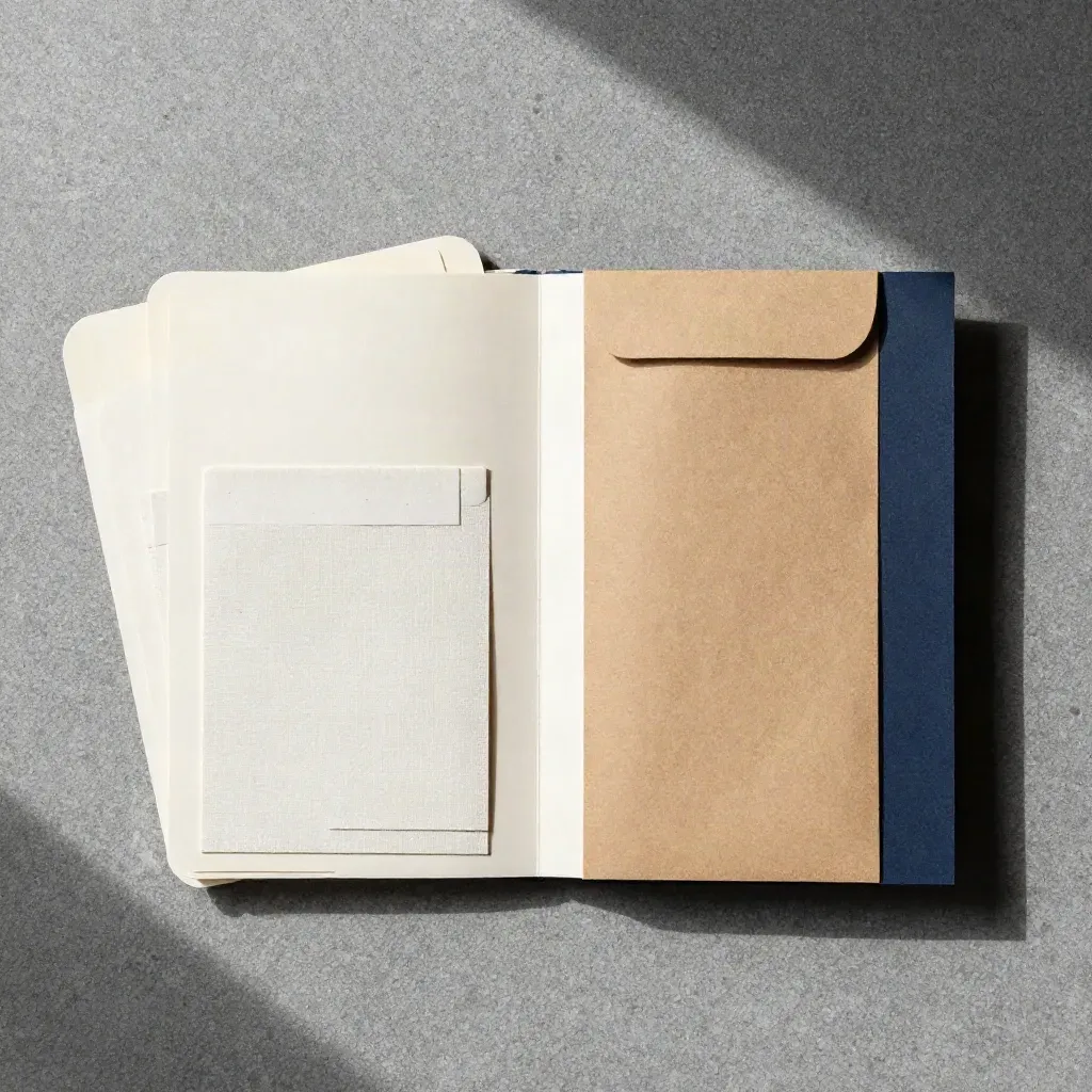 Overhead van een leverancierscheck-map met tabbladen, stalen en kraft sleeve op steen.