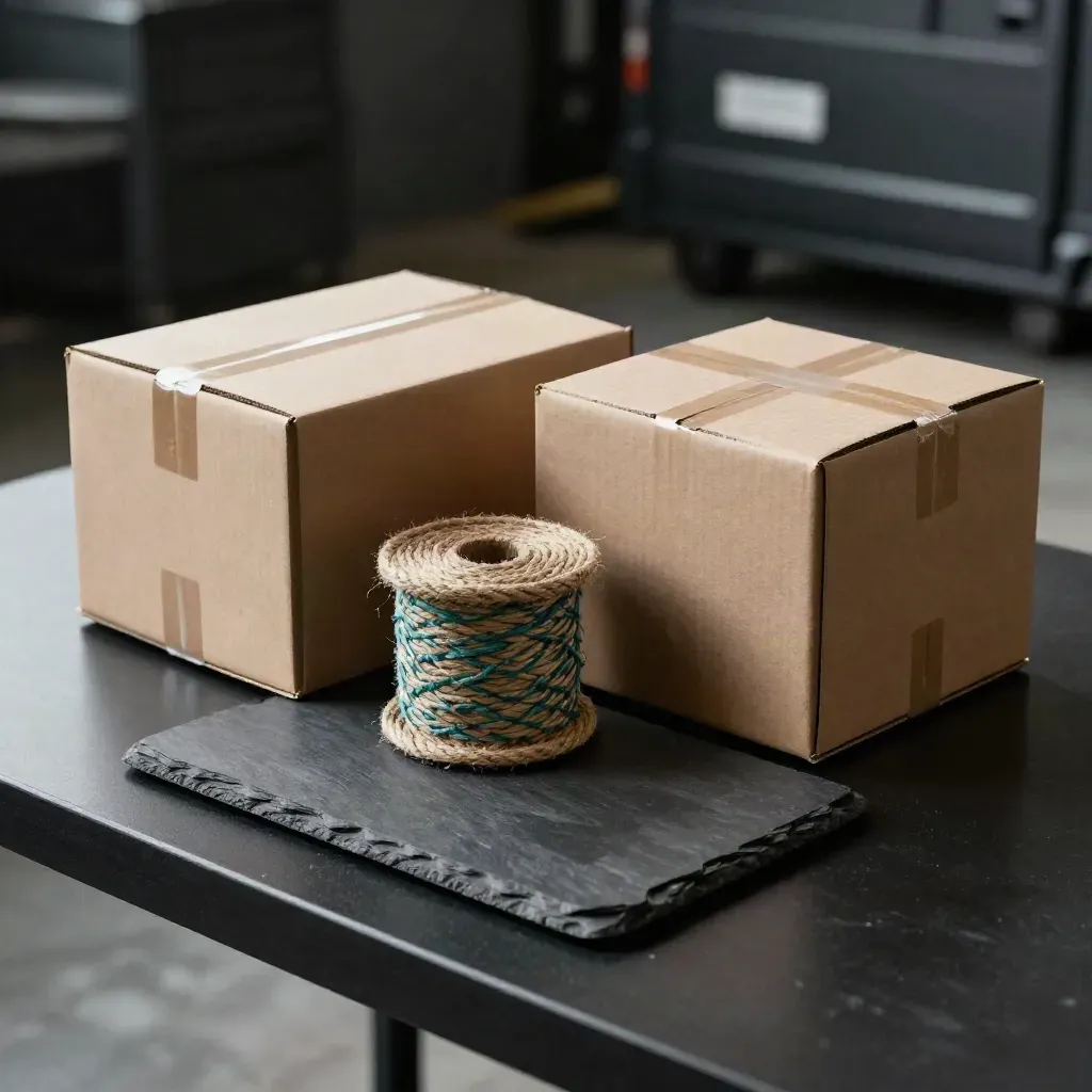 Ordercoördinatie-set met twee dozen, een touwspoel en beschermhoes op donkere ondergrond.