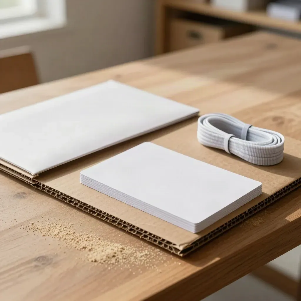 Macro van logistiek plan-basis kit met gevouwen karton, sleeve en blanco kaarten op warm hout.