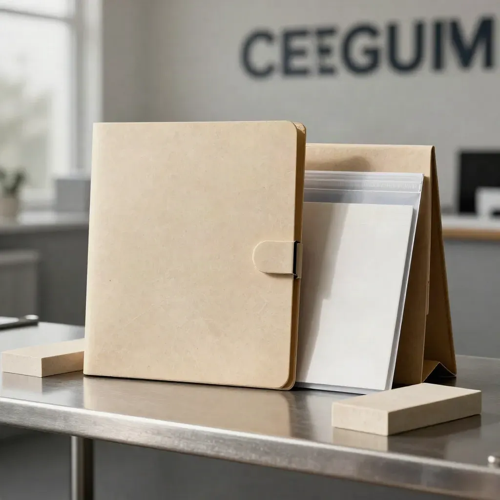 Importcheckpakket met map, pouch, sampleblokken en hoes op een koele industriële ondergrond.