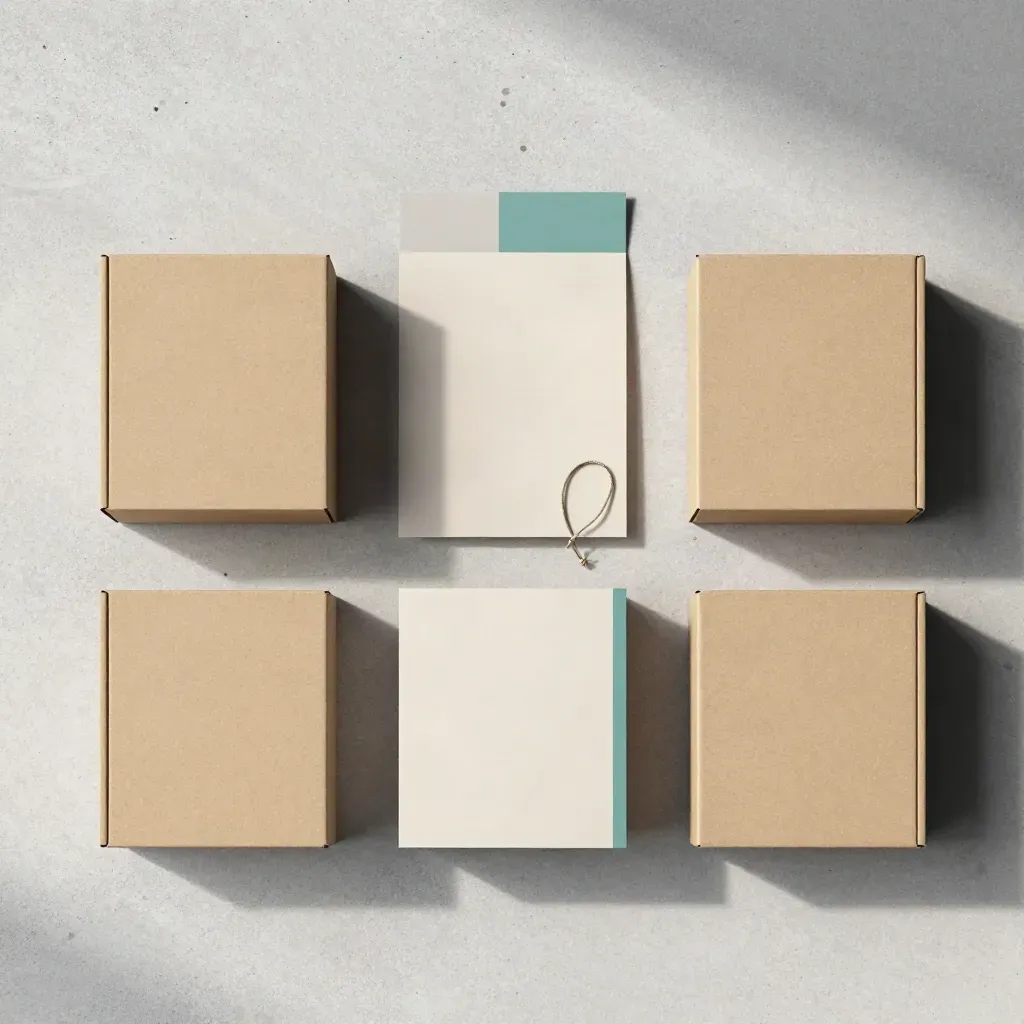 Flatlay van een marktstart-set met dozen, map en twine op beton.