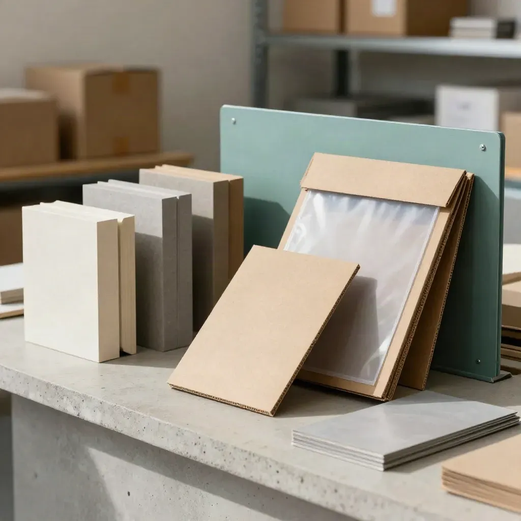 Kraft samplepacks, sampleblokken en een open map op een betonwerkbank in zacht licht.