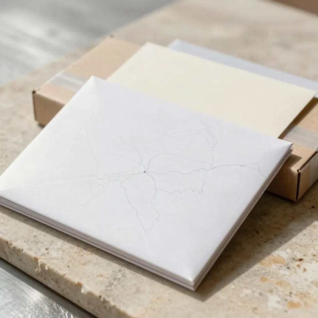 Macro van een Duitsland-importset met sleeves, transportmap, pouch en kartons op kalksteen.