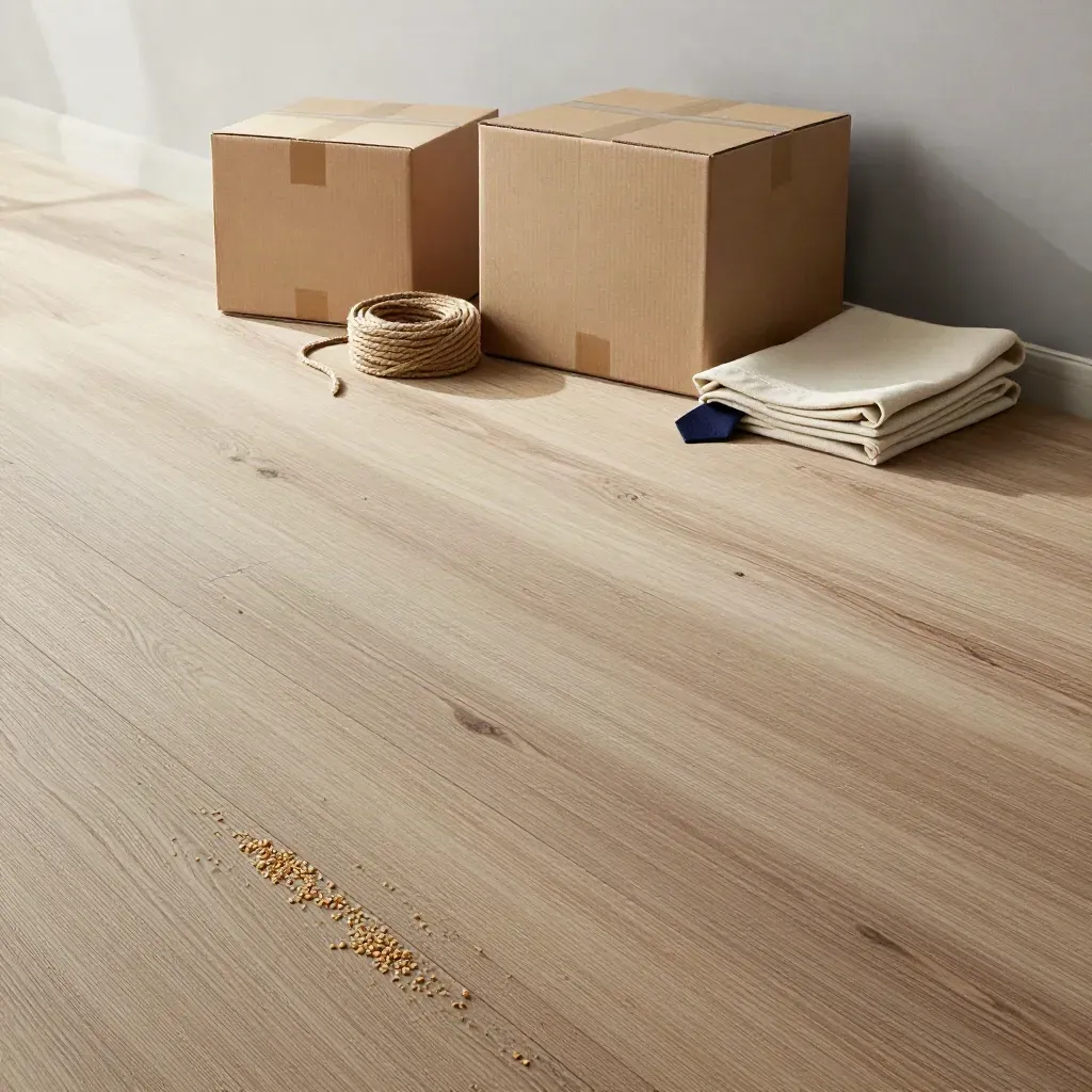 Brede houten plank met kartons en touw, zacht ochtendlicht en veel rustige ruimte voor tekst.