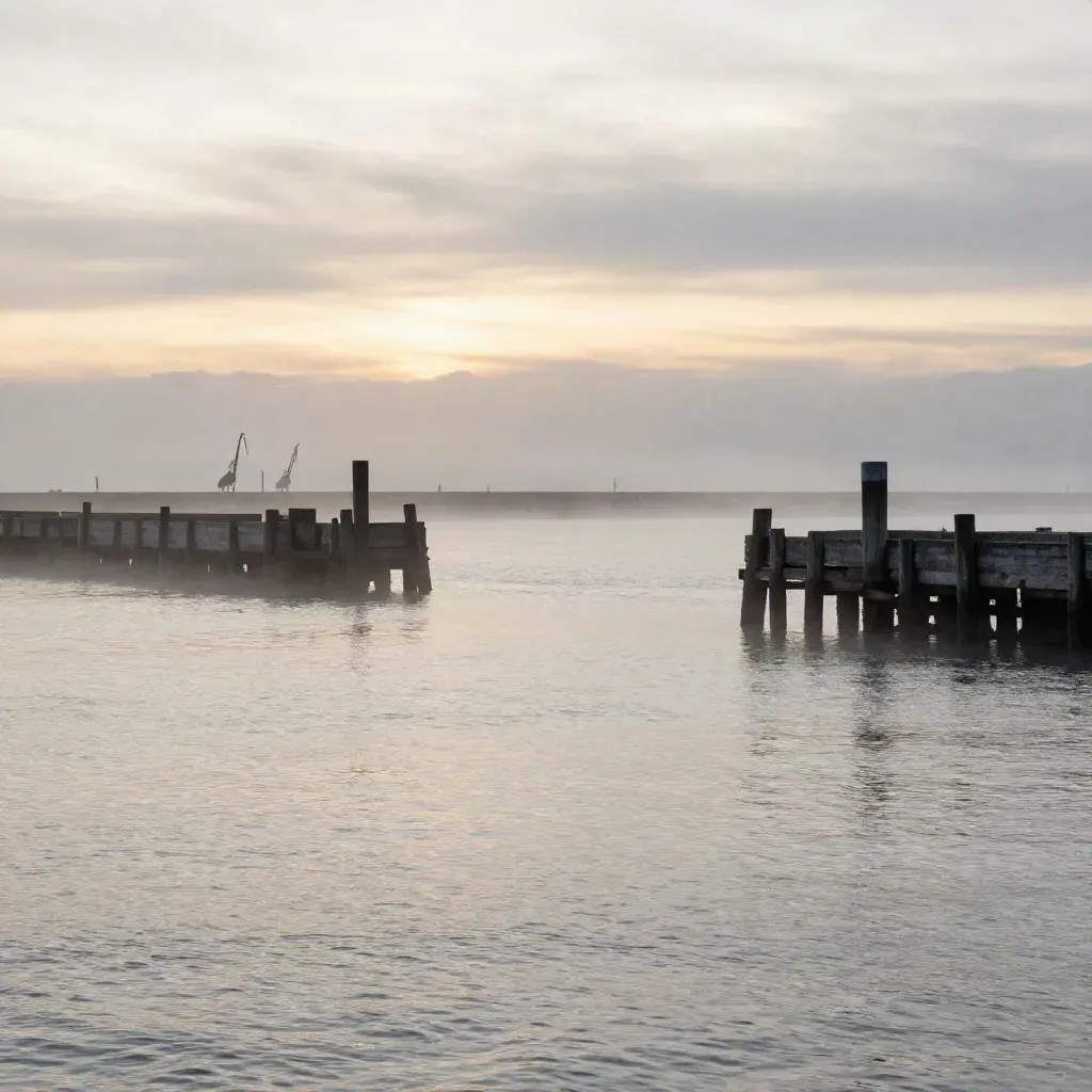 Mistige havenrand bij zonsondergang met kraansilhouetten en rustig water.
