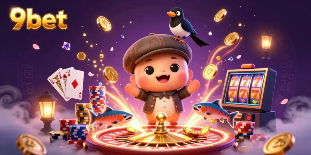 Engage in thrilling gameplay with 9bet, featuring Nessie, a magpie, and vibrant casino elements in this dynamic scene.