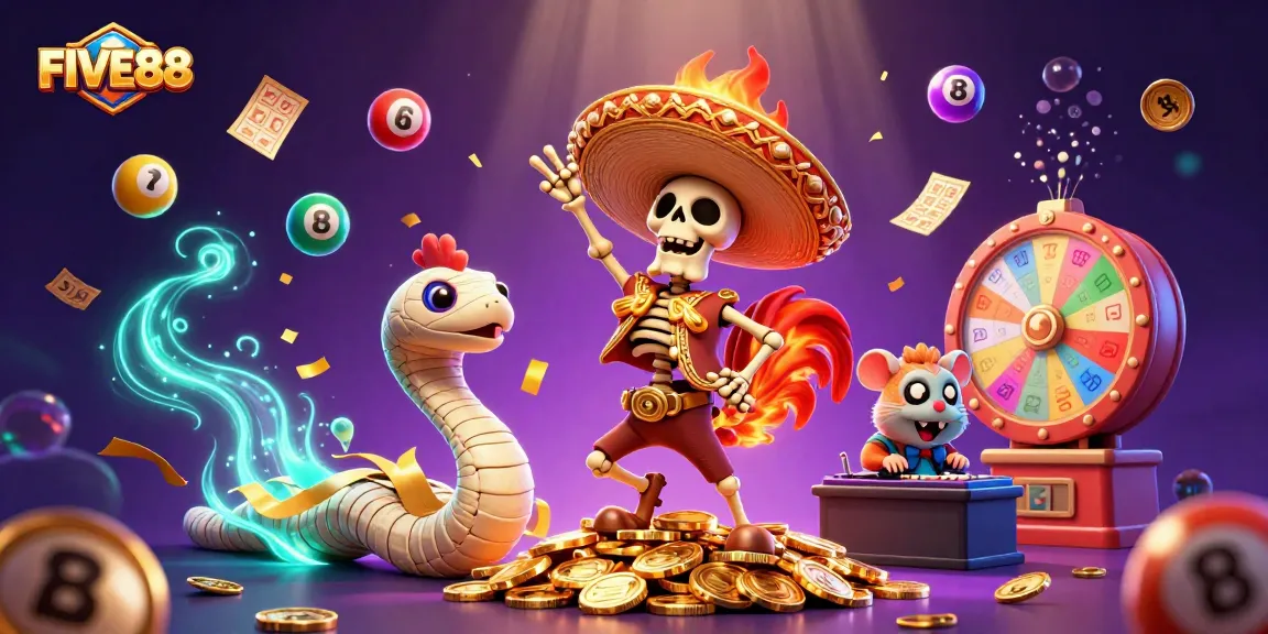 FIVE88 lottery excitement with a vibrant mariachis and jackpot symbols illustration