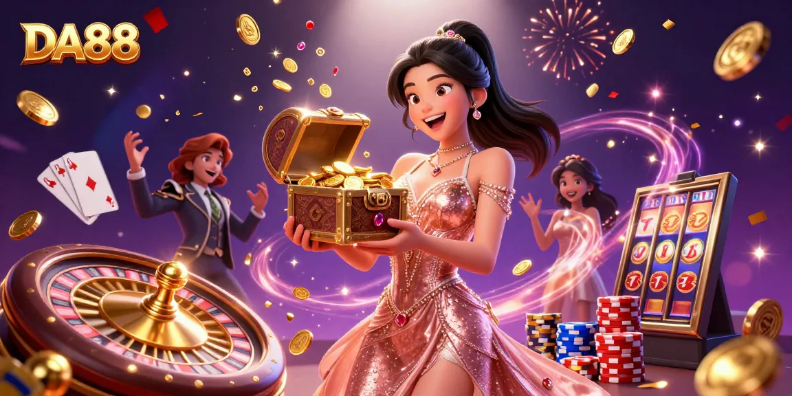 Engage with DA88 treasures as an Asian woman unveils a chest brimming with gold coins and gems.