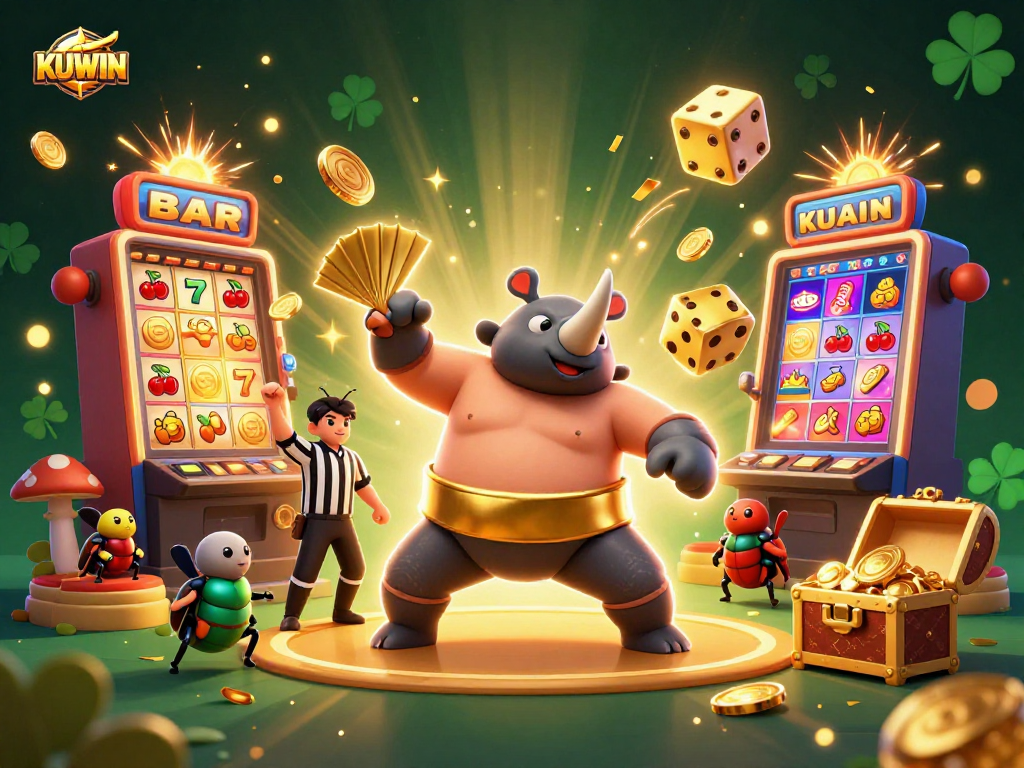 Experience thrilling wins with KUWIN's colorful casino scenes featuring animated beetles.