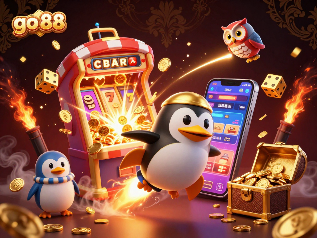 Experience the excitement of go 88 with vibrant 3D scenes showcasing thrilling casino action and golden rewards.