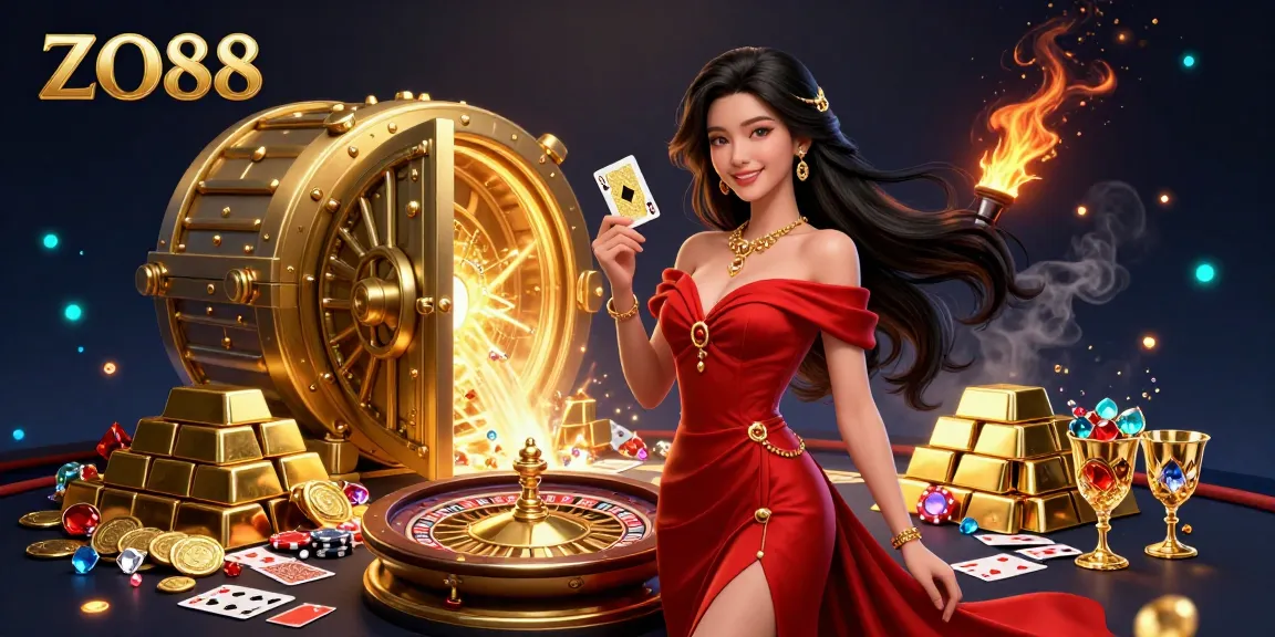 Experience winning moments at ZO88 with a vibrant casino scene featuring a beautiful woman and dynamic game elements.