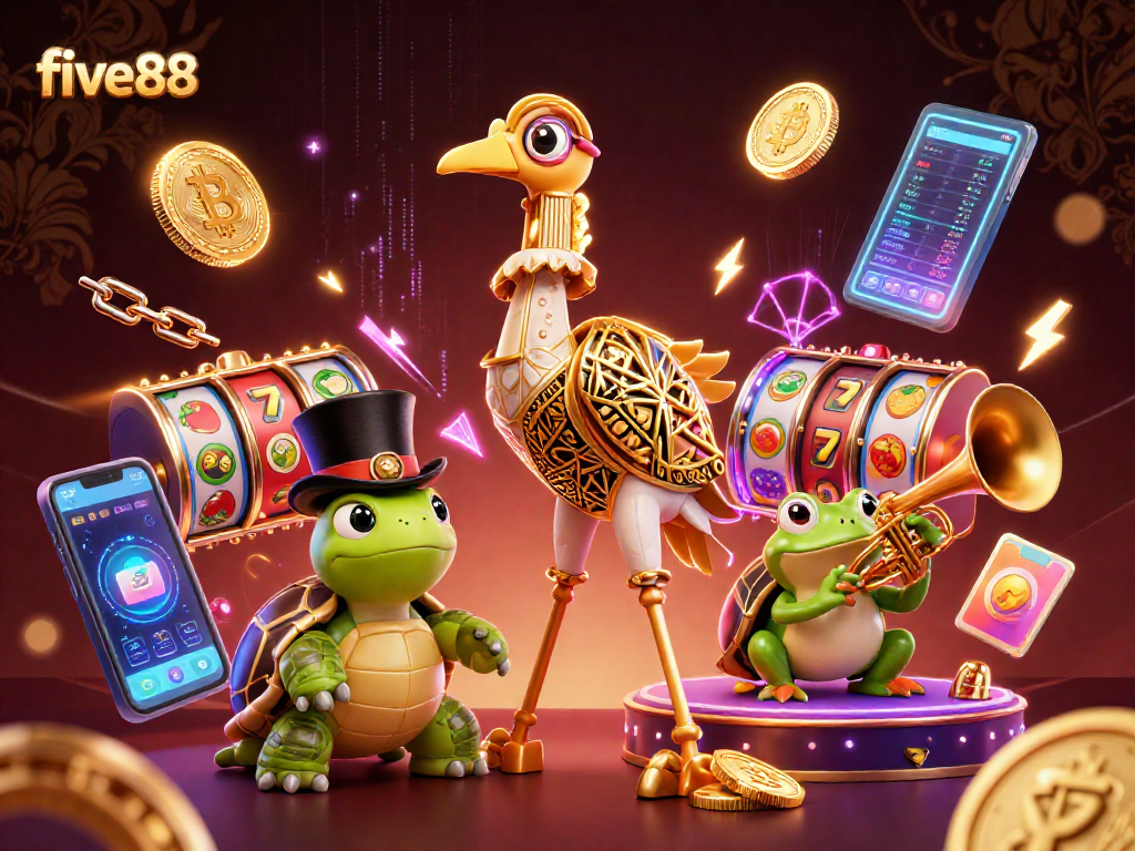 Engage players with five88's vibrant casino scene featuring animated slot games and crypto elements.