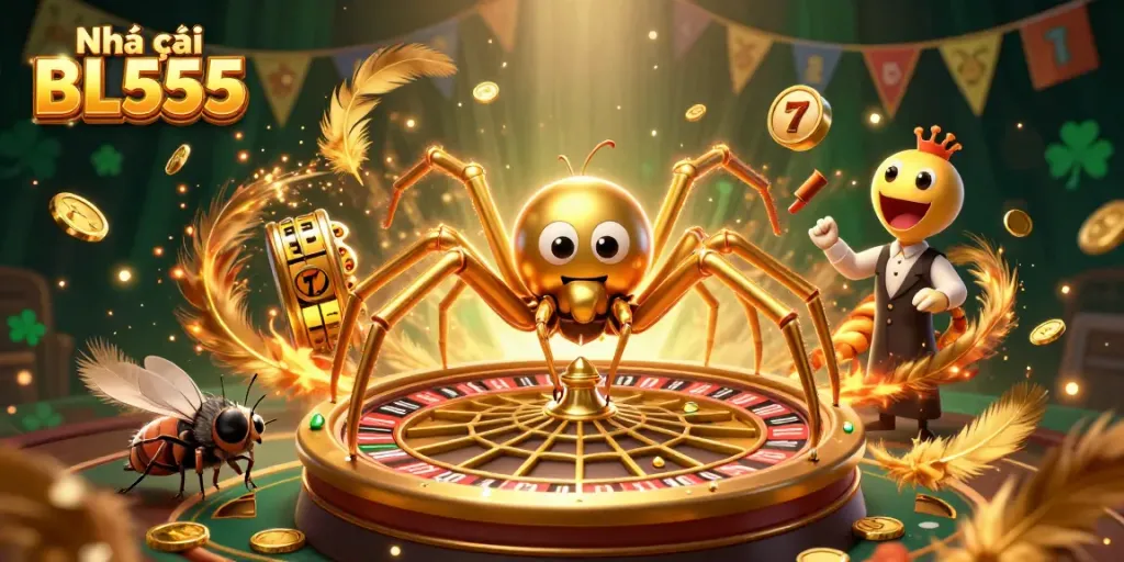 Bet on Nhà cái BL555 with dynamic 3D characters in a vibrant casino-themed scene filled with slot reels and gold coins.