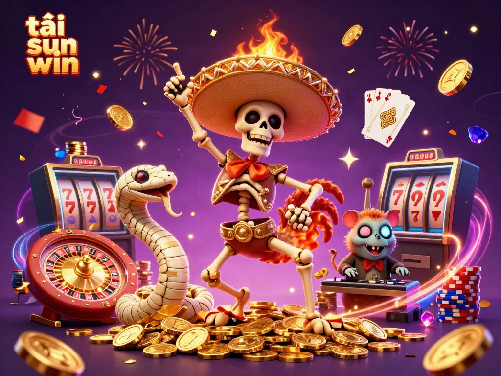 Engaging illustration showcasing the process to tải sun win featuring interactive casino elements, golden coins, and festive themes.