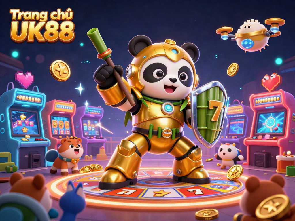 Engage with an exciting scene of Trang chủ UK88 featuring a golden panda in a mech-suit amidst vibrant casino slots.