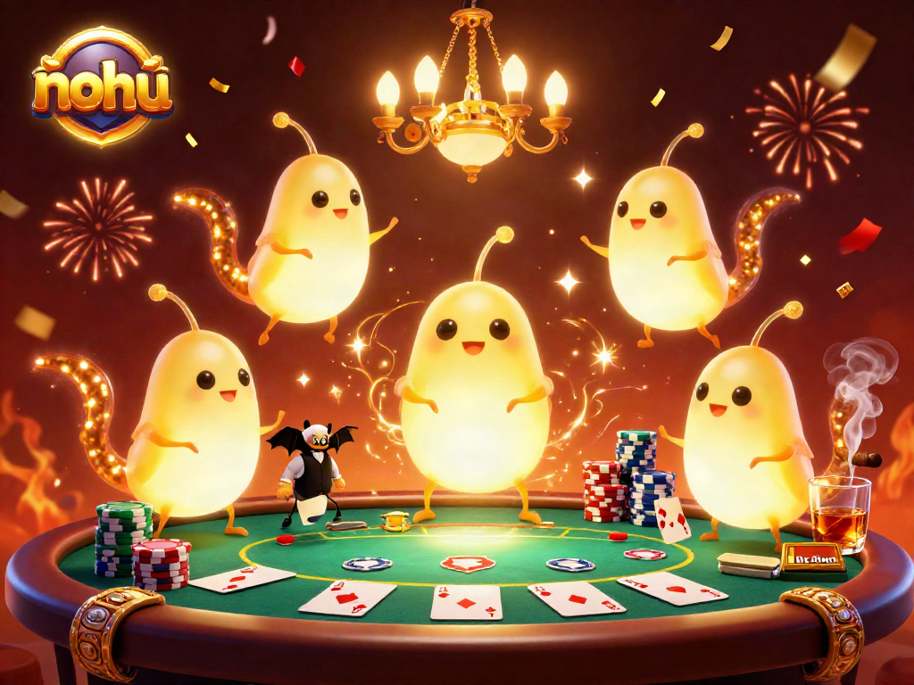 Nohu casino scene with glowworms lighting poker table and dealer, vibrant and dynamic atmosphere.