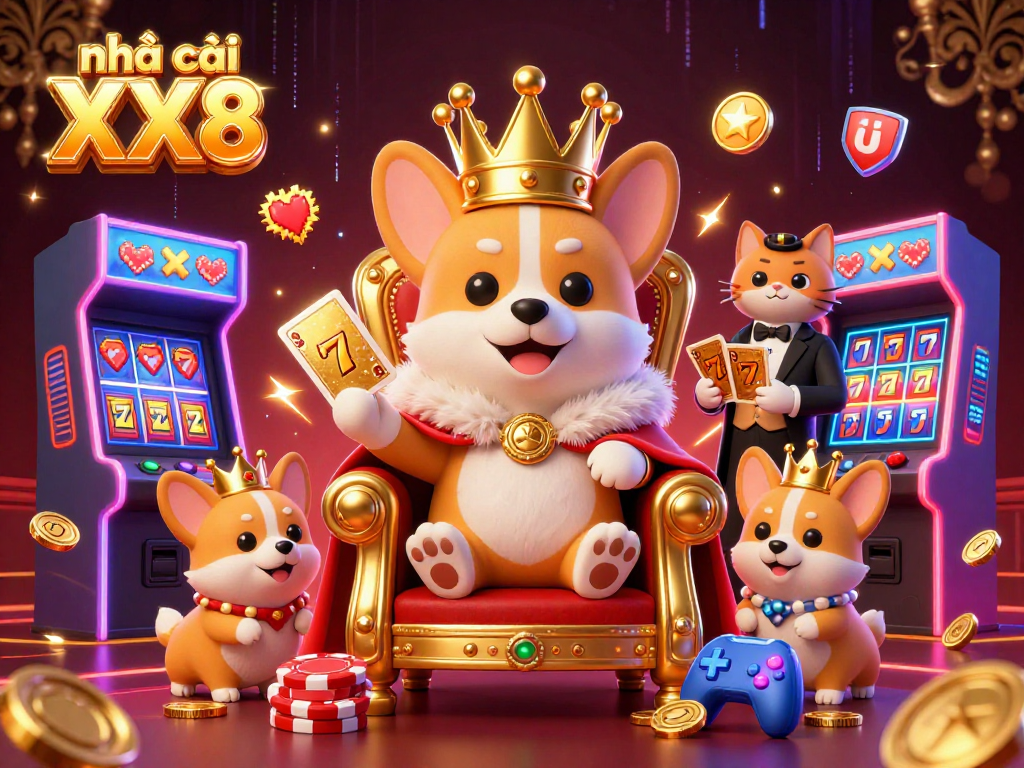 Join the fun at nhà cái XX8 with this animated scene of a royal corgi and vibrant casino action!
