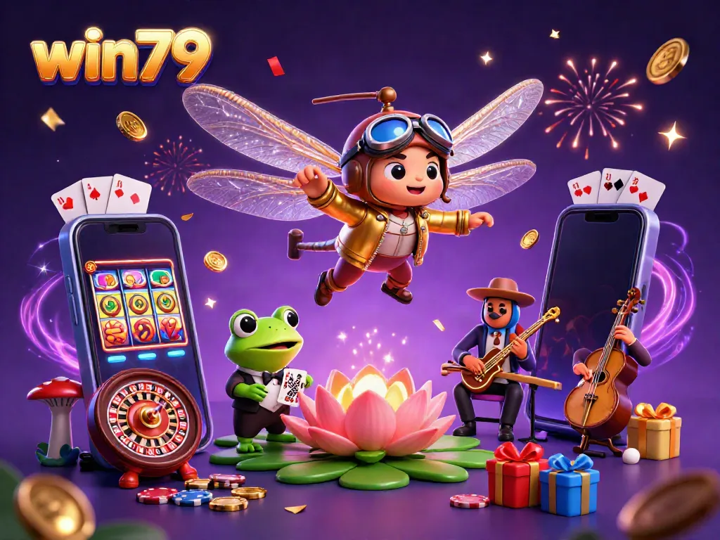 Discover thrilling action at win79 with a dragonfly pilot, frog dealer, and jazz musicians in a vibrant casino scene.