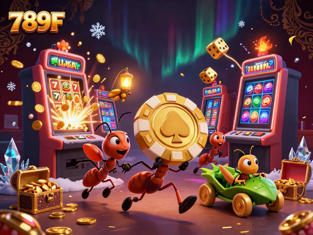 Experience thrilling wins with 789F as a team of playful ants heists a massive golden poker chip amidst vibrant casino elements.